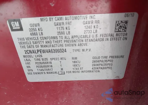2010 Chevrolet Equinox Lt from USA, damaged, VIN 2CNALPEW4A6399324